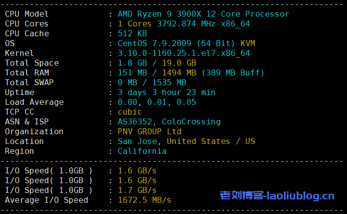 RackNerd圣何塞AMD VPS测评：KVM架构1核1.5GB内存20GB NVMe硬盘1Gbps带宽3TB月流量$27.49/年