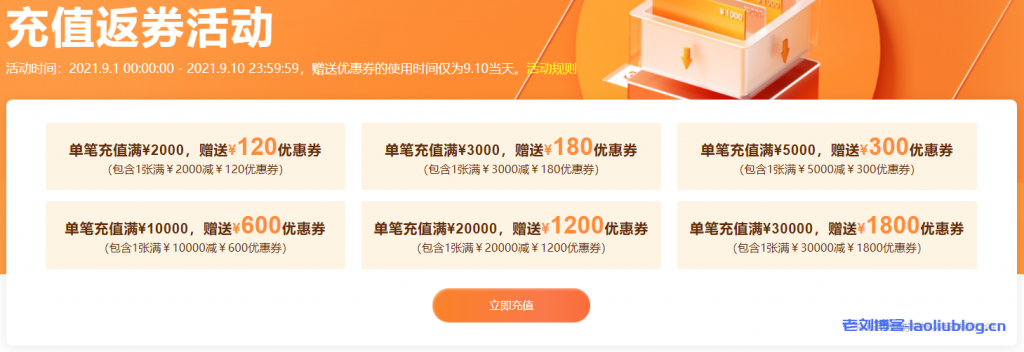 阿里云2021金秋上云季充值返券，最高返1800元优惠券